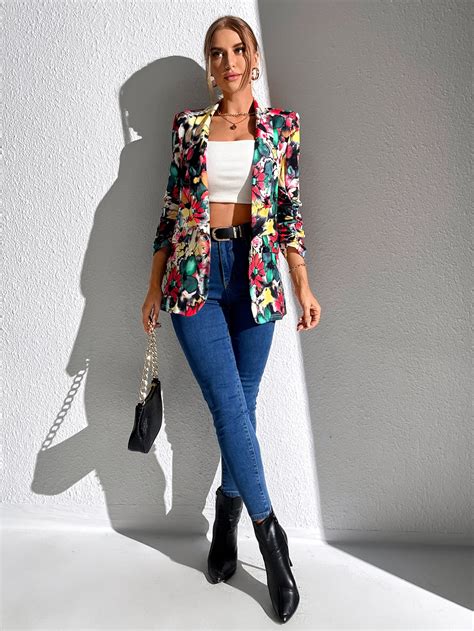 Shein Privé Floral Print Shawl Collar Open Front Blazer Shein Usa