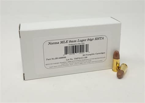 Norma 9mm Luger Ammunition Norma291400050 94 Grain Reduced Hazard Training Frangible Bullet 50