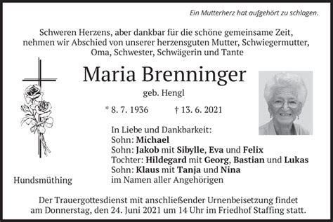 Traueranzeigen Von Maria Brenninger Trauer Merkur De