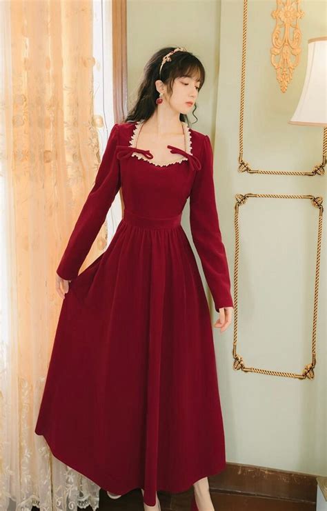 Cottagecore Dress Red Dress Waist Dress Fall Formal Dresses Red