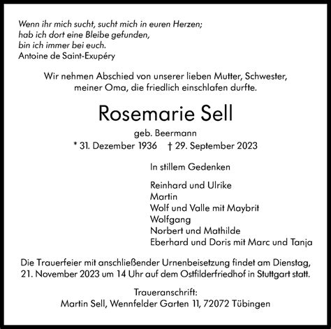 Traueranzeigen Von Rosemarie Sell Stuttgart Gedenkt De