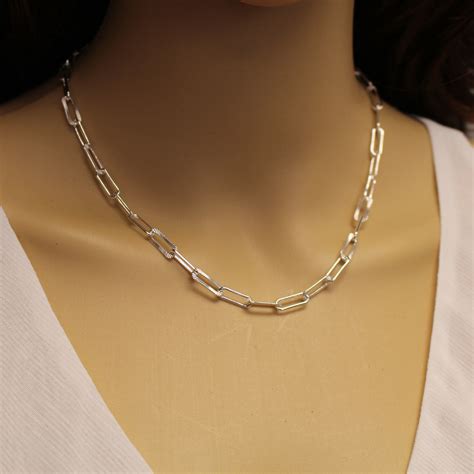 Sterling Silver Chain Necklace Rectangle Link Textured Chain Necklace