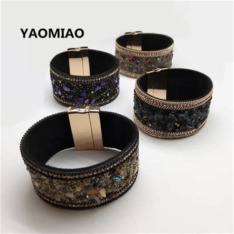 YAOMIAO New Fashion Leather Wrap Wristband Natural Stone Magnet Punk