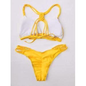 Yellow M Strappy Plunge Thong Bikini Rosegal