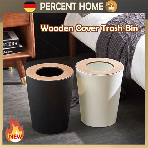 Trash Bin With Wooden Cover Modern Home Wastebasket Recycling Bins