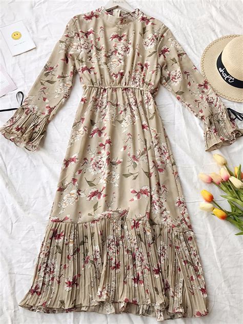 Floral Long Sleeve Round Neck Women S A Line Dress A Line Dress Long