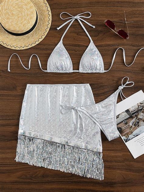 Sparkly Glitter Contrast Sequin Halter Micro Triangle Bikini Swimsuit