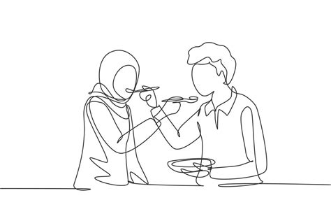 Single Continuous Line Drawing Romantic Arabic Couple Feeding Each