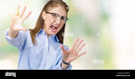 Beautiful Middle Age Mature Business Woman Wearing Glasses Over Isolated Background Afraid And