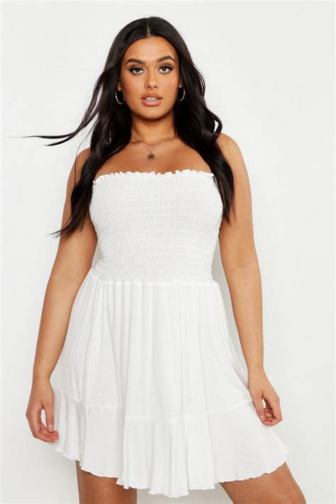 Plus Shirring Bandeau Beach Skater Dress Boohoo Usa