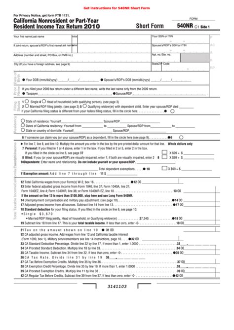 Fillable Form 540nr California Nonresident Or Part Year Resident