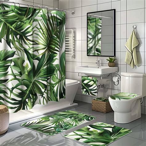 Tropical Rainforest Bathroom Decor Set Green Palm Leaves Patterned