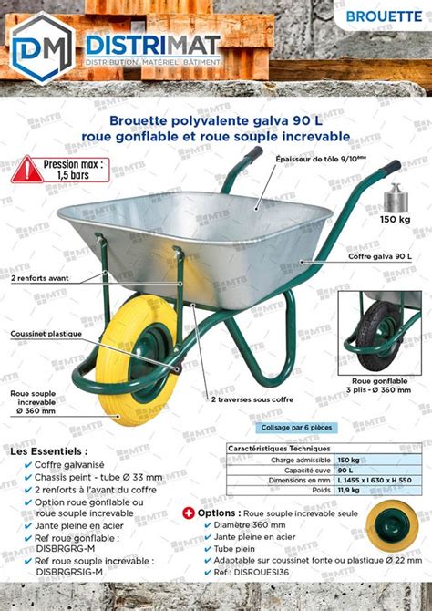 Brouette Polyvalente Galva 90L Roue Gonflable DISTRIMAT FRANCE