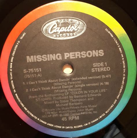 Missing Persons I Cant Think About Dancin 1986 Vinyl Discogs