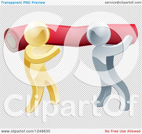 Clipart Of 3d Silver And Gold Carpet Installers Carrying A Roll