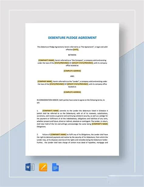 Debenture Pledge Agreement Template In Pages Word Google Docs