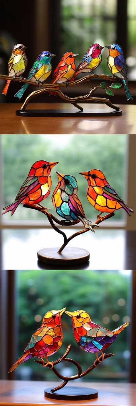 Last Day Off Stained Glass Birds On Branch Desktop Ornaments