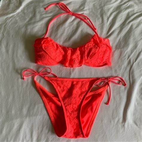 Hollister Swim Nwot Hollister Neon Pink Lace Bandeau Bikini Set