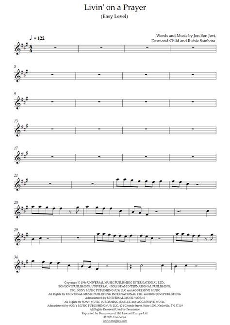 Livin On A Prayer Nivel Fácil Bon Jovi Partitura Violín