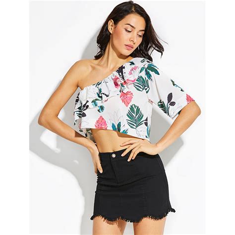 Womens Floral Print One Shoulder Oblique Collar Falbala Crop Top N14912