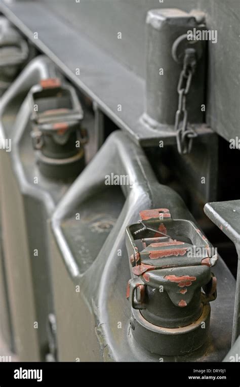 Spare Fuel Cans Hung On Side Of Tank Stock Photo Alamy