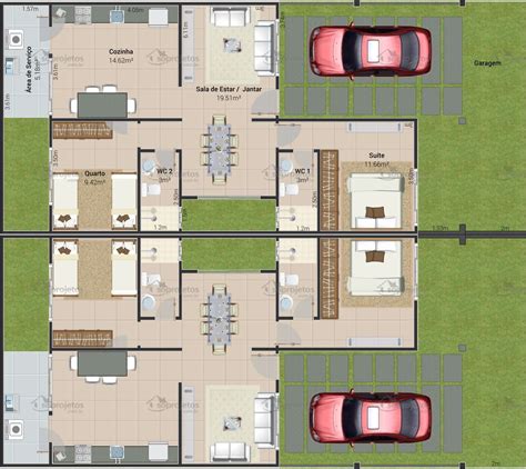 Planta de casa geminada 2 quartos Cód 151 Casas geminadas