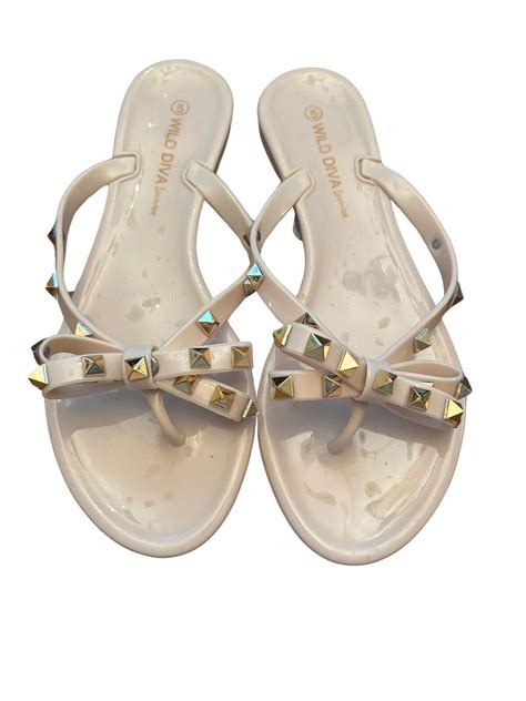 Wild Diva Joanie Gold Studded Bow Nude Jelly Thong Gem