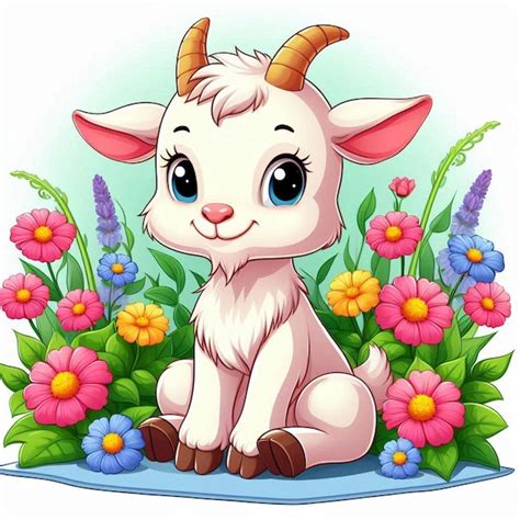 A Cartoon Goat With Horns And Horns Sits In A Garden Premium Ai