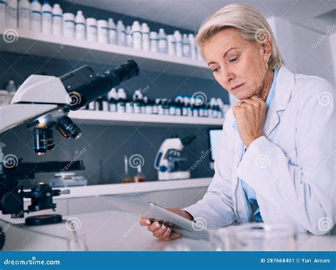 Science Tablet And Research Woman With Microscope Data Analytics Test