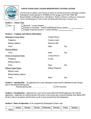 Fillable Online Maine APPLICATION FOR A MAINE REDEMPTION CENTER LICENSE