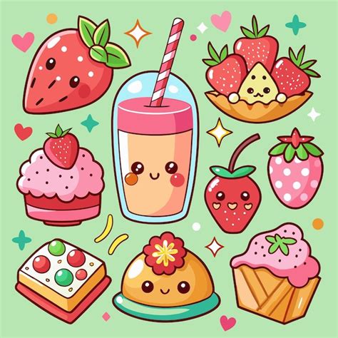 Premium Vector Cute Sticker Set With Strawberry Desserts And Drink