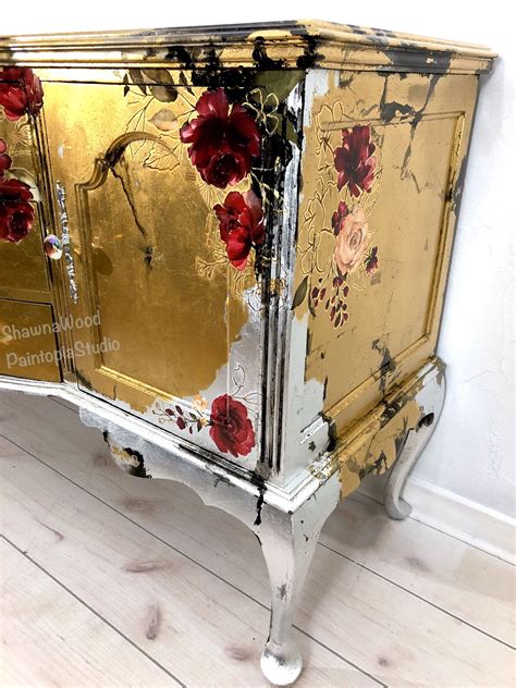 Gold Silver Buffet Black Floral Dresser Handpainted Furniture Gold