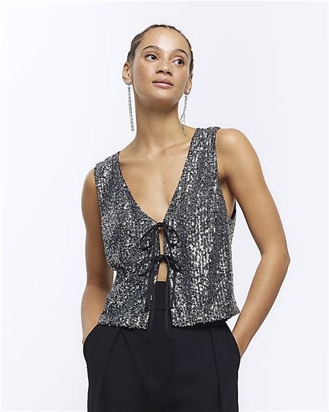 Black Sequin Tie Front Waistcoat River Island