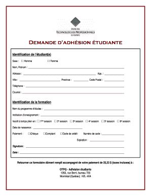 Fillable Online Demande D Adhsion Tudiante Identification De Ltudiant E