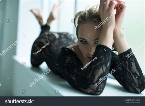 Sexy Blonde Black Lingerie Lying On Stock Photo Shutterstock