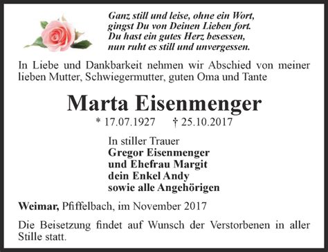 Traueranzeigen Von Marta Eisenmenger Trauer In Thueringen De