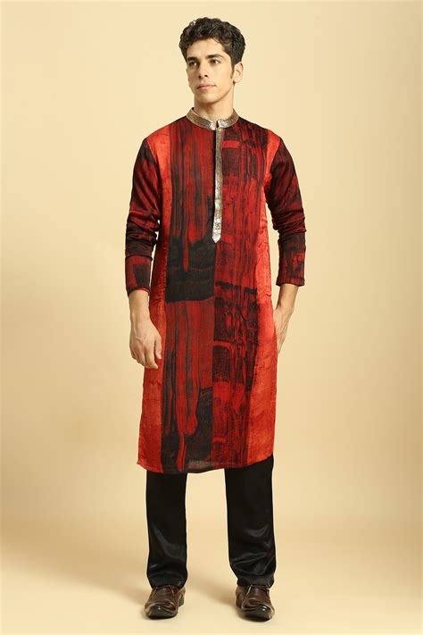 Buy Orange Gajji Printed Ajrakh Kurta And Pant Set For Men By Masumi