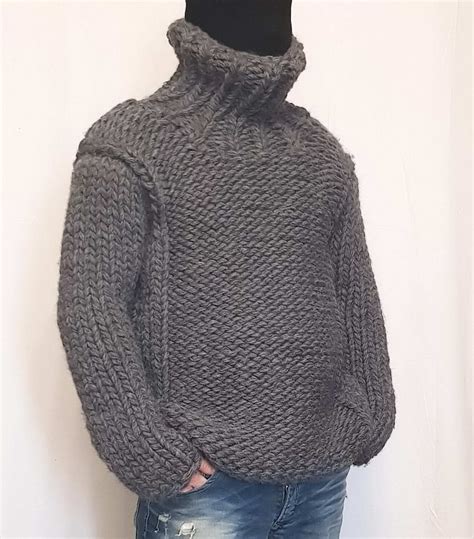 Handgestrickte Sehr Dicke Herren Wollpullover Mit Rollkragen Etsy