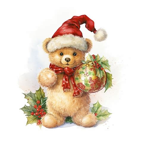 Premium Photo A Drawing Of A Teddy Bear Holding A Christmas Ornament