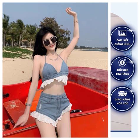 Set đi biển 2 món áo cột nơ quần đùi chất jean phối jean set bikini denim hè phong cách hình
