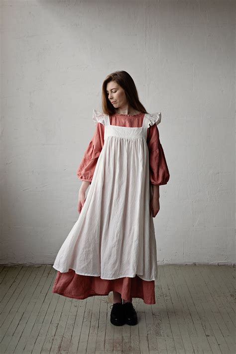 White Prairie Dress Linen Dress With Flutter Sleeves Oversized Apron