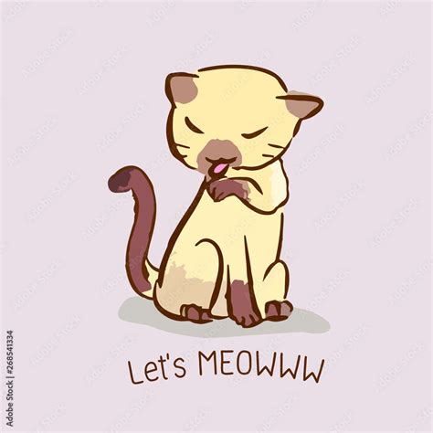 Cute Cat Vector Cartoon Kawaii Siamese Cat Relax Sitting Licking Paw