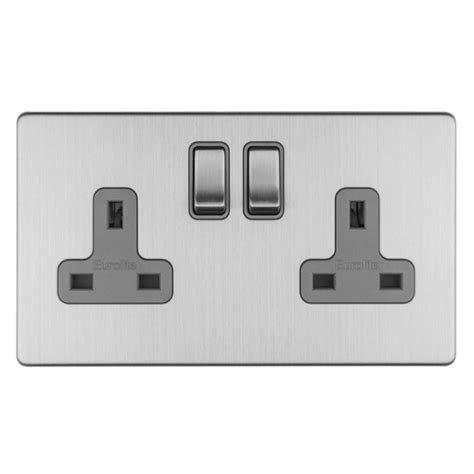 Eurolite Concealed 3mm Stainless Steel 2 Gang 13a Double Pole Switched Socket With Grey Insert