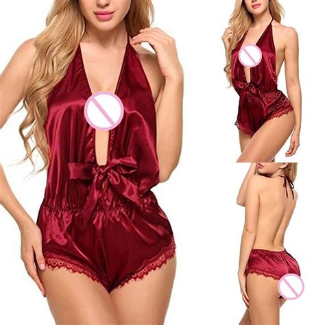 Sexy Lingerie Halter Sleepwear Bow V Neck Women Erotic Nightgown Lace