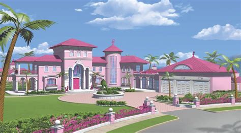 an artist's rendering of a pink house with palm trees