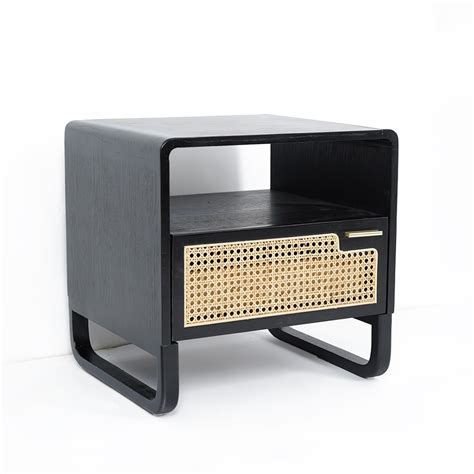 Minimalist Black Nightstand Rattan Woven Bedside Table With Drawer Homary