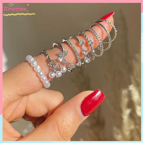 Jual COD 9 PCS Cincin Set Korea Fashion Mewah Mutiara Kristal Kupu Kupu