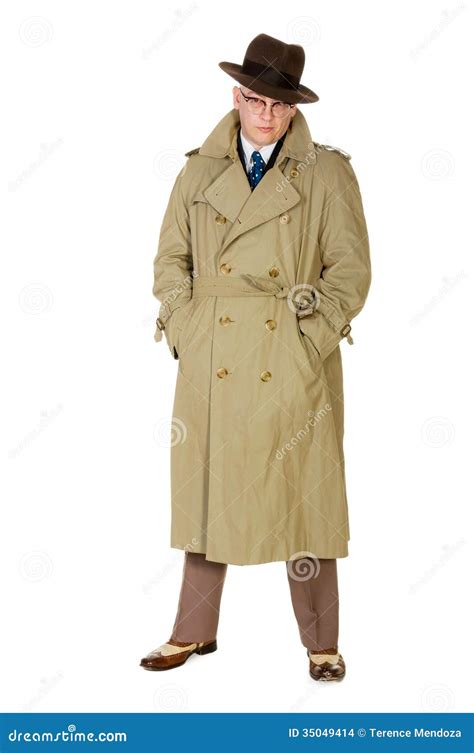 Vintage Forties Man In Trenchcoat & Trilby, Isolated On White Stock Images - Image: 35049414