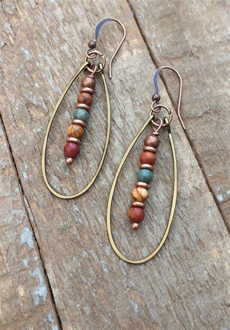 Boho Copper Hoop Earrings With Red Creek Jasper Stone Dangles Copper