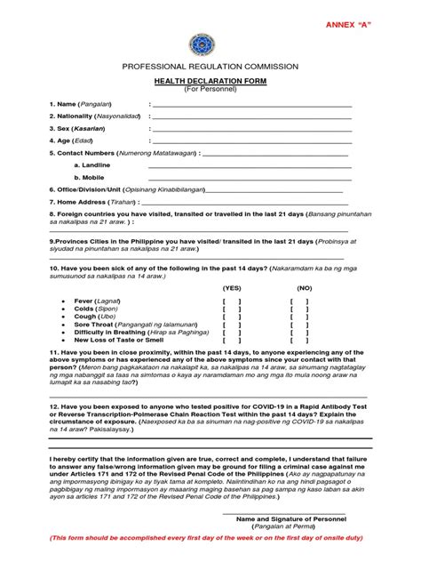 Prc Annex A Health Declaration Form Pdf Clinical Medicine